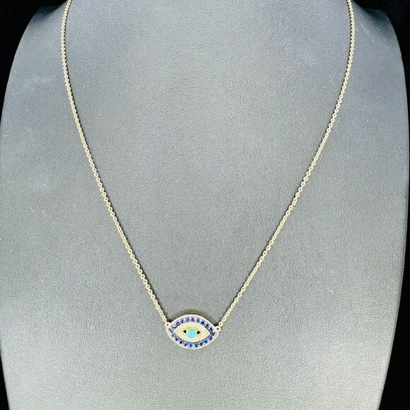 Evil Eye Link Pendant Blue & Clear Rhinestones over Gold Plated Necklace 16-19" - Picture 8 of 10